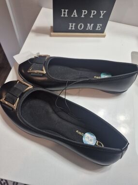 CL by Laundry Black Ballet Flats with Gold Buckle